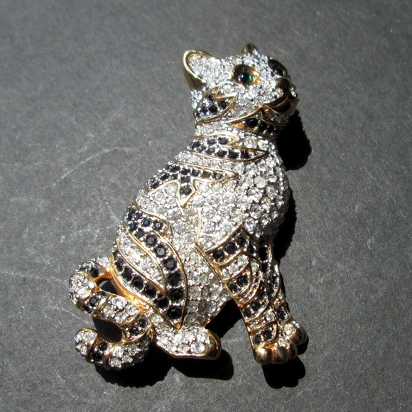 ✨🐱 Swarovski Vintage 1999 Swan Mark Rare Retired Cat Brooch Gold Tone Crystal - Picture 2 of 14